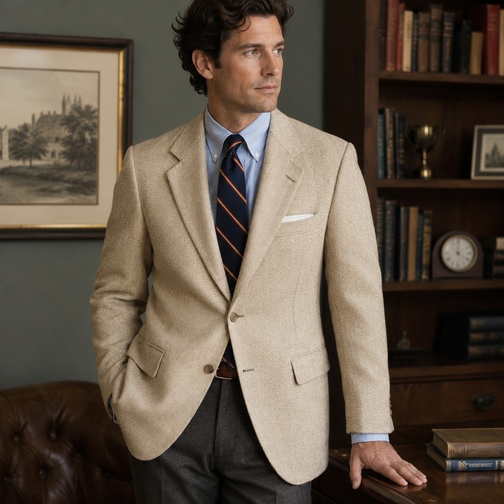 Vintage 90s Southwick Herringbone Sport Coat Blazer Tan Cream USA Men's Size 43R